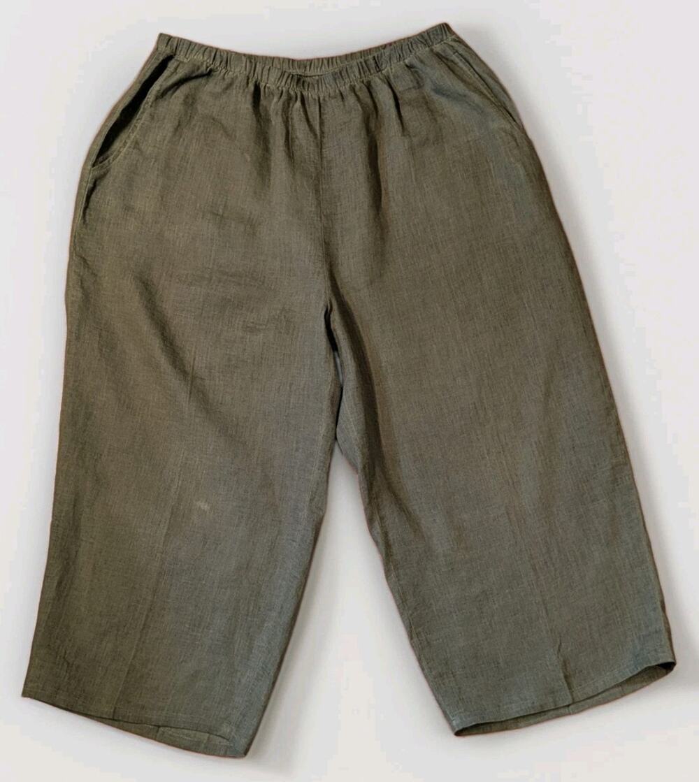 FLAX Womens L Linen Pants Olive Green Lagenlook Wide Leg Cropped Lithuania